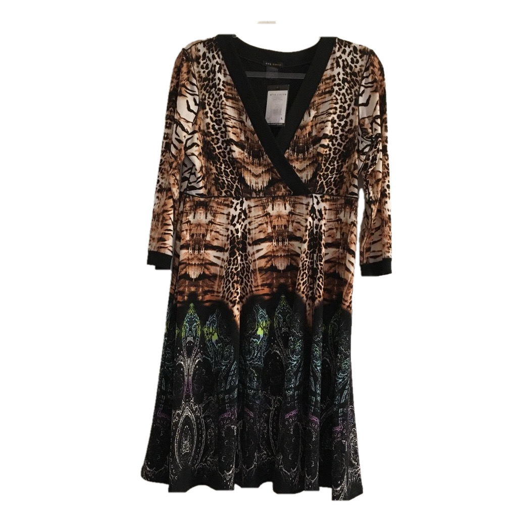 Eva Varro Animal Print V Neck Dress Large